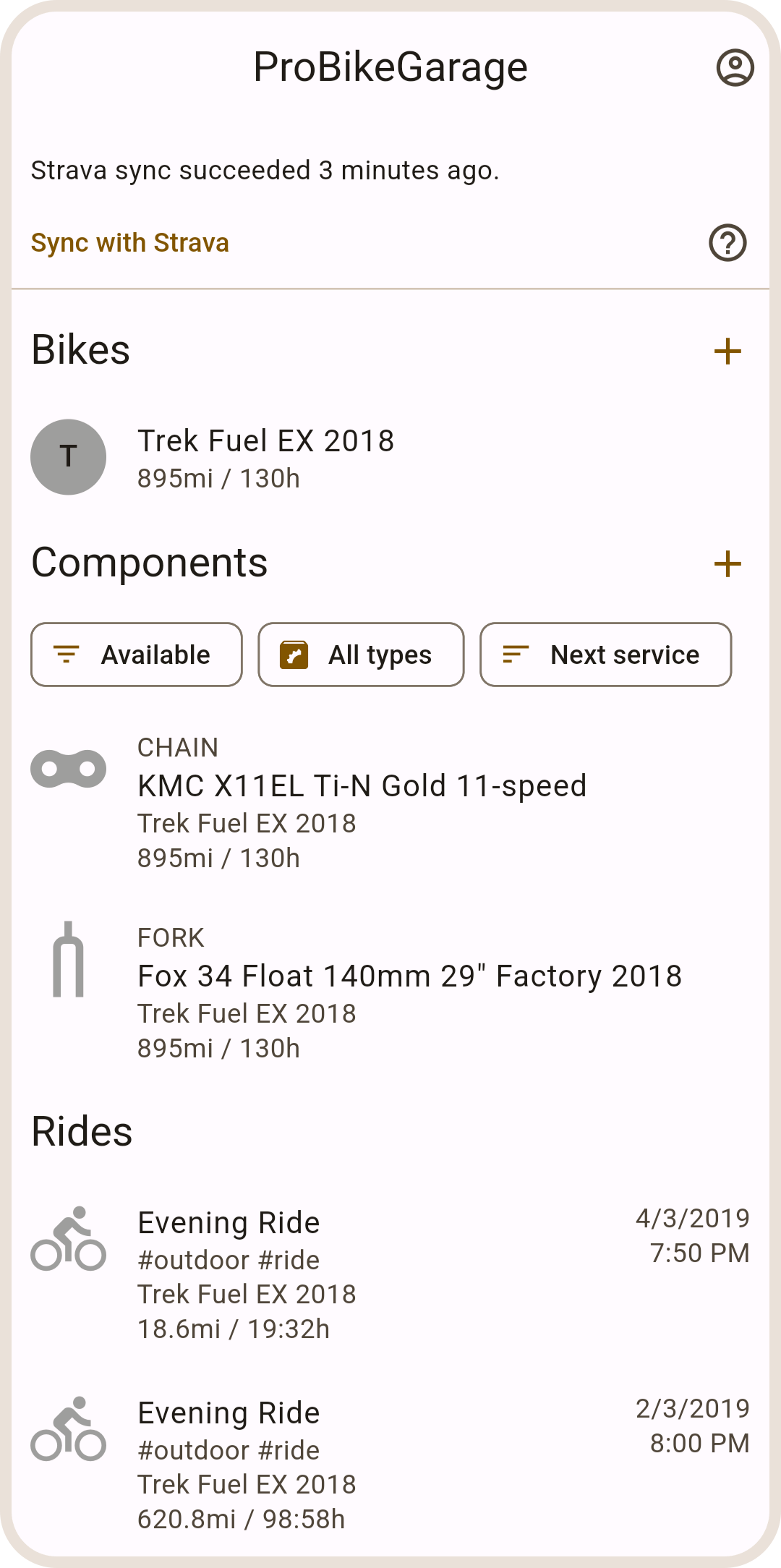 Strava sync status in ProBikeGarage app