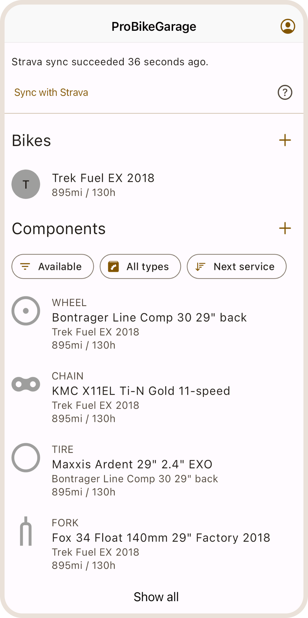 Strava sync status in ProBikeGarage app